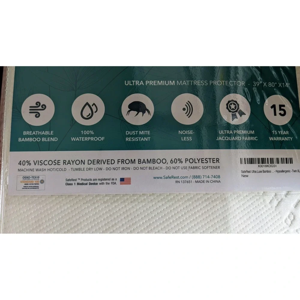 SafeRest Renewal Bamboo Mattress Pad Cover Hypoallergenic TWIN XL‎ Dorms NIP